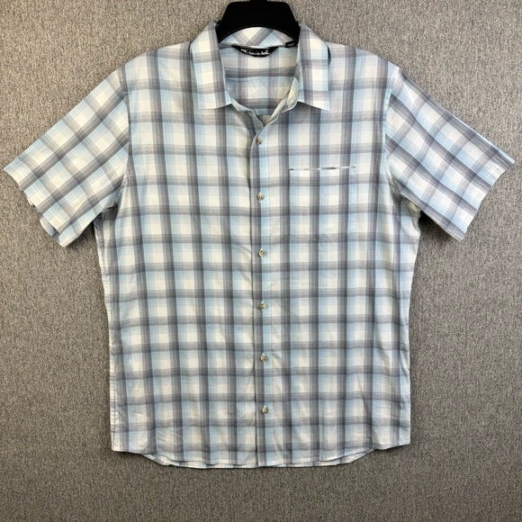 Travis Mathew Blue Gray Plaid Short Sleeve Button Up Shirt Men's Size L READ - Picture 1 of 13
